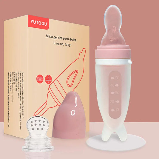 baby silicone squeeze feeding bottle with spoon