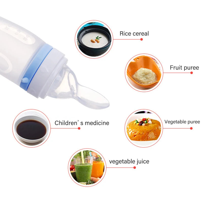 baby silicone squeeze feeding bottle with spoon